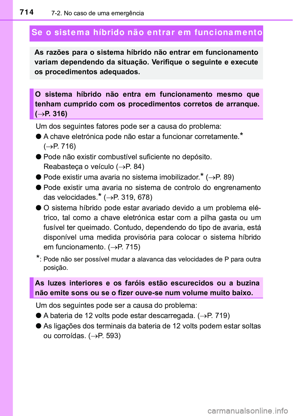 TOYOTA PRIUS 2021 Manual de utilização (in Portuguese) 7147-2. No caso de uma emergência
Se o sistema híbrido não entrar em funcionamento
Um dos seguintes fatores pode ser a causa do problema:
●A chave eletrónica pode não estar a funcionar corretam TOYOTA PRIUS 2021 Manual de utilização (in Portuguese) 7147-2. No caso de uma emergência
Se o sistema híbrido não entrar em funcionamento
Um dos seguintes fatores pode ser a causa do problema:
●A chave eletrónica pode não estar a funcionar corretam