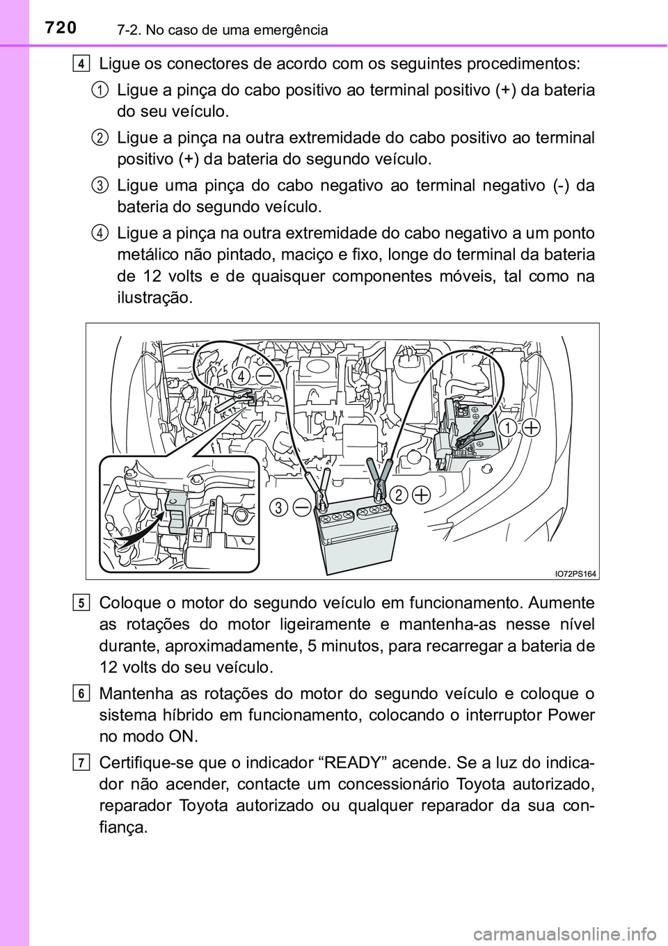 TOYOTA PRIUS 2021 Manual de utilização (in Portuguese) 7207-2. No caso de uma emergência
Ligue os conectores de acordo com os seguintes procedimentos:
Ligue a pinça do cabo positivo ao terminal positivo (+) da bateria
do seu veículo.
Ligue a pinça na TOYOTA PRIUS 2021 Manual de utilização (in Portuguese) 7207-2. No caso de uma emergência
Ligue os conectores de acordo com os seguintes procedimentos:
Ligue a pinça do cabo positivo ao terminal positivo (+) da bateria
do seu veículo.
Ligue a pinça na