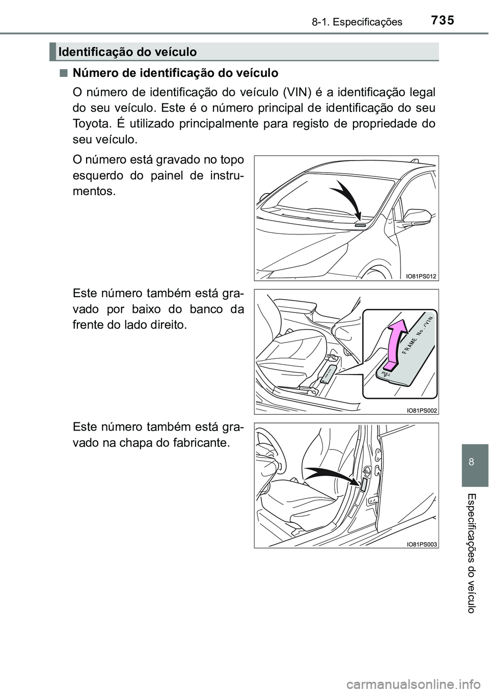 TOYOTA PRIUS 2021 Manual de utilização (in Portuguese) 7358-1. Especificações
8
Especificações do veículo
■Número de identificação do veículo
O número de identificação do veículo (VIN) é a identificação legal
do seu veículo. E TOYOTA PRIUS 2021 Manual de utilização (in Portuguese) 7358-1. Especificações
8
Especificações do veículo
■Número de identificação do veículo
O número de identificação do veículo (VIN) é a identificação legal
do seu veículo. E