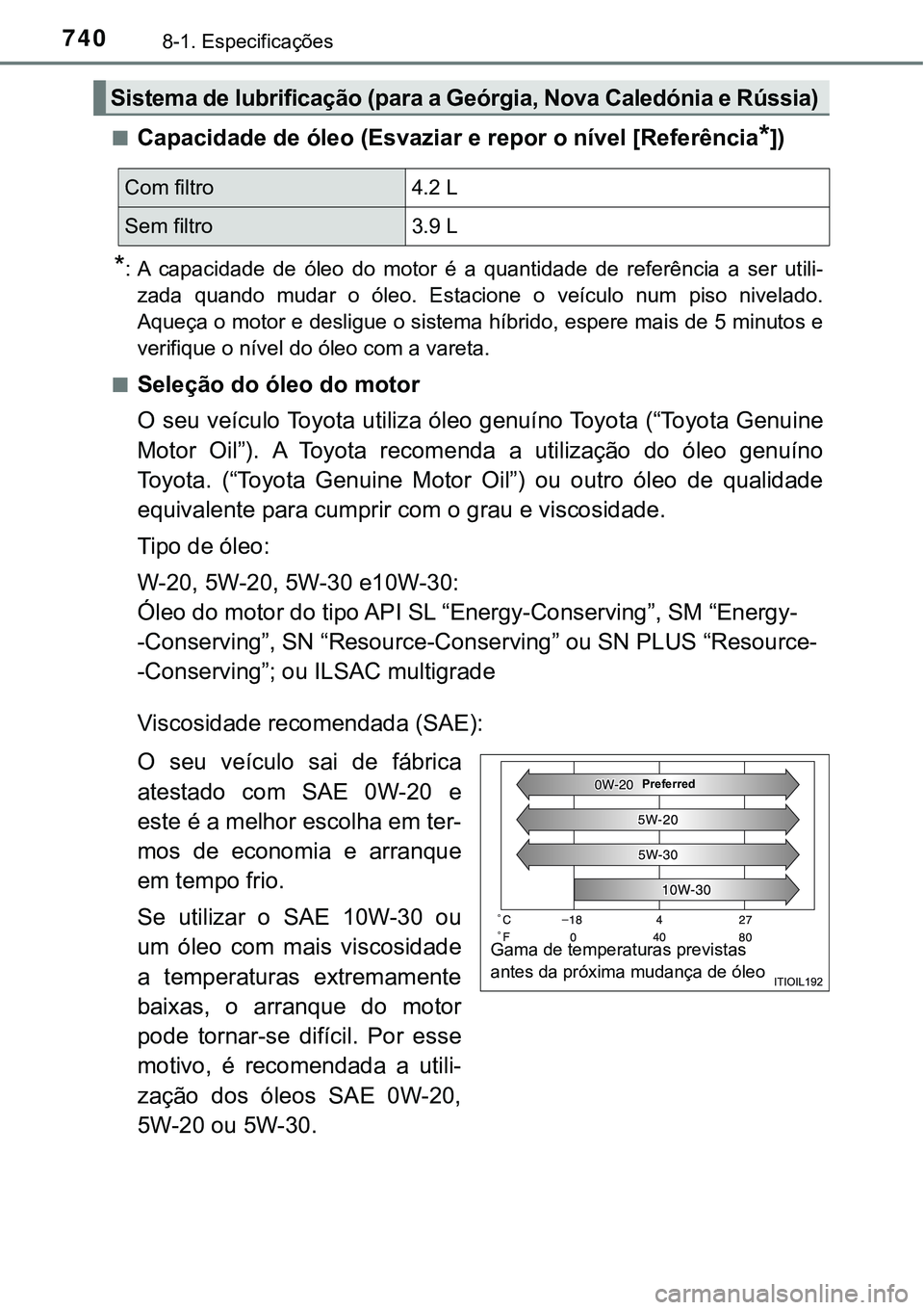 TOYOTA PRIUS 2021  Manual de utilização (in Portuguese) 7408-1. Especificações
■Capacidade de óleo (Esvaziar e repor o nível [Referência*])
*: A  capacidade  de  óleo  do  motor  é  a  quantidade  de  referência  a  ser  utili-
zada  quando  muda