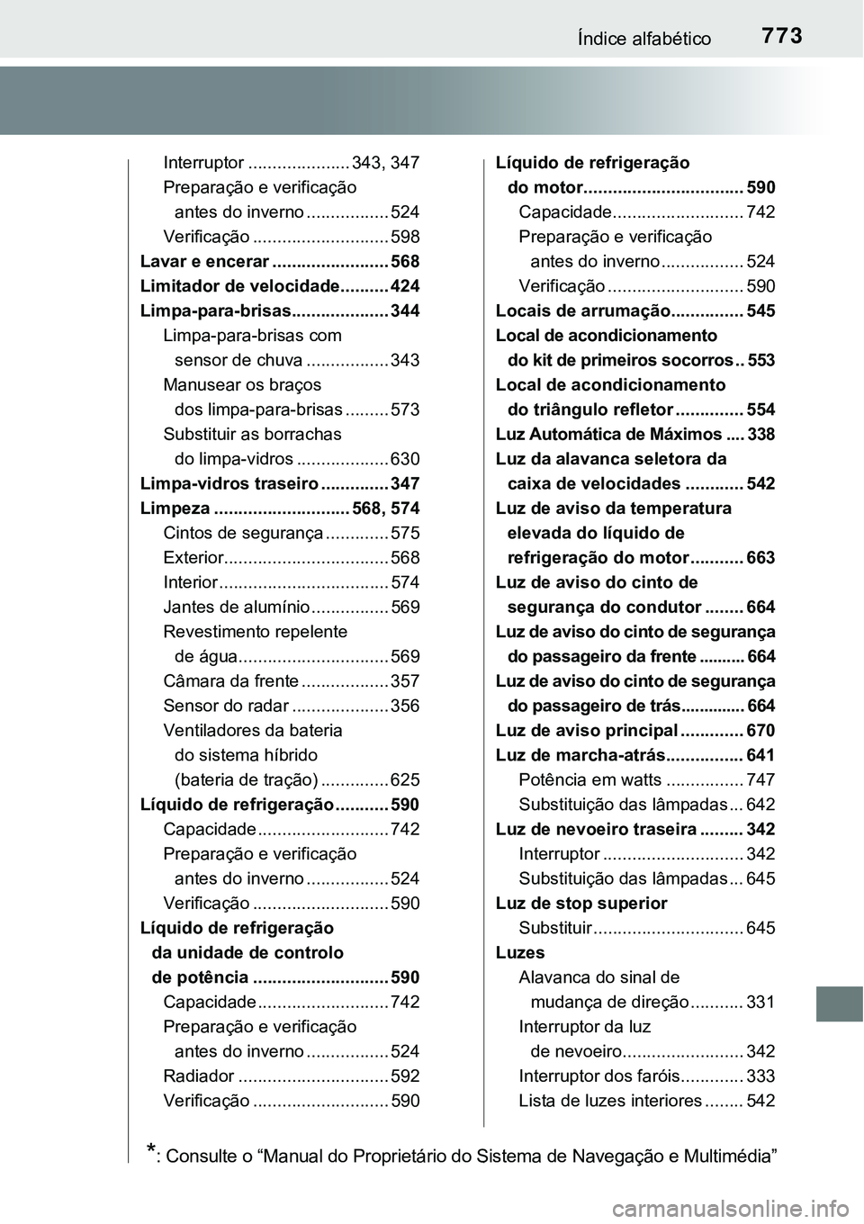 TOYOTA PRIUS 2021 Manual de utilização (in Portuguese) 773Índice alfabético
Interruptor ..................... 343, 347
Preparação e verificação
antes do inverno ................. 524
Verificação ............................ 598
Lavar e encerar .. TOYOTA PRIUS 2021 Manual de utilização (in Portuguese) 773Índice alfabético
Interruptor ..................... 343, 347
Preparação e verificação
antes do inverno ................. 524
Verificação ............................ 598
Lavar e encerar ..