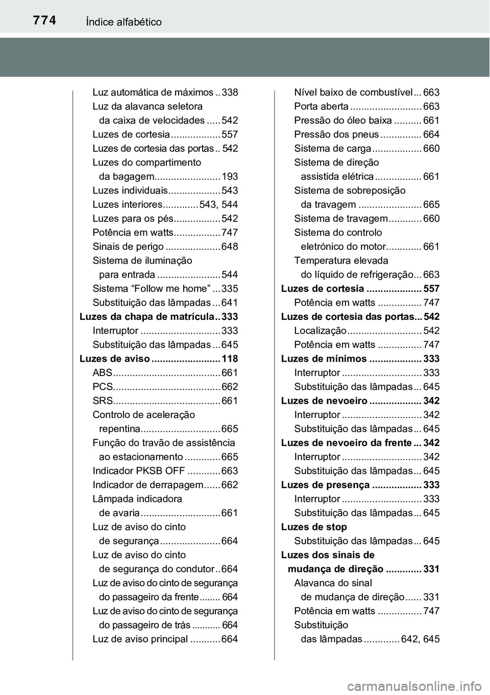 TOYOTA PRIUS 2021 Manual de utilização (in Portuguese) 774Índice alfabético
Luz automática de máximos .. 338
Luz da alavanca seletora
da caixa de velocidades ..... 542
Luzes de cortesia .................. 557
Luzes de cortesia das portas .. 542
Luzes TOYOTA PRIUS 2021 Manual de utilização (in Portuguese) 774Índice alfabético
Luz automática de máximos .. 338
Luz da alavanca seletora
da caixa de velocidades ..... 542
Luzes de cortesia .................. 557
Luzes de cortesia das portas .. 542
Luzes