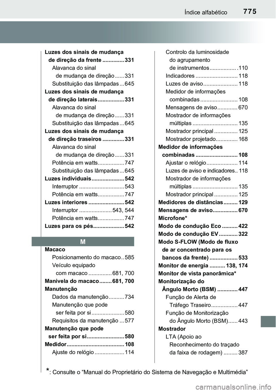 TOYOTA PRIUS 2021 Manual de utilização (in Portuguese) 775Índice alfabético
Luzes dos sinais de mudança
de direção da frente .............. 331
Alavanca do sinal
de mudança de direção ...... 331
Substituição das lâmpadas ... 645
Luzes dos sin TOYOTA PRIUS 2021 Manual de utilização (in Portuguese) 775Índice alfabético
Luzes dos sinais de mudança
de direção da frente .............. 331
Alavanca do sinal
de mudança de direção ...... 331
Substituição das lâmpadas ... 645
Luzes dos sin