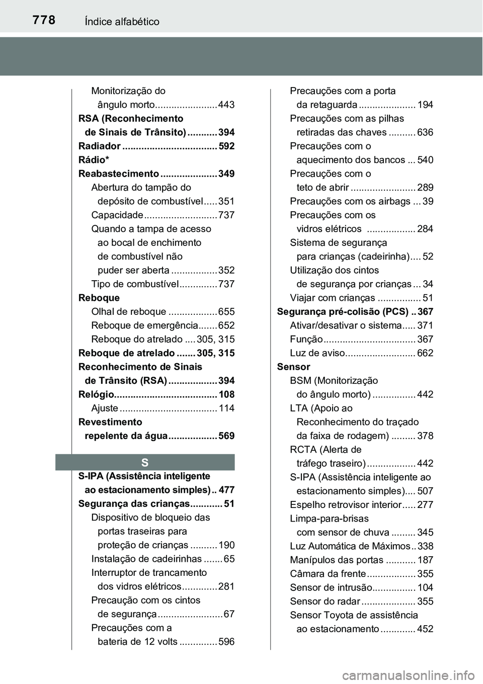 TOYOTA PRIUS 2021 Manual de utilização (in Portuguese) 778Índice alfabético
Monitorização do
ângulo morto....................... 443
RSA (Reconhecimento
de Sinais de Trânsito) ........... 394
Radiador ................................... 592
Rádio TOYOTA PRIUS 2021 Manual de utilização (in Portuguese) 778Índice alfabético
Monitorização do
ângulo morto....................... 443
RSA (Reconhecimento
de Sinais de Trânsito) ........... 394
Radiador ................................... 592
Rádio