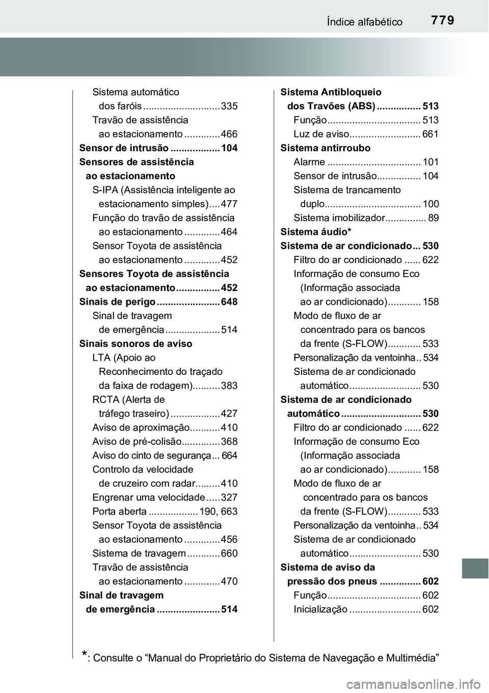 TOYOTA PRIUS 2021 Manual de utilização (in Portuguese) 779Índice alfabético
Sistema automático
dos faróis ............................ 335
Travão de assistência
ao estacionamento ............. 466
Sensor de intrusão .................. 104
Sensore TOYOTA PRIUS 2021 Manual de utilização (in Portuguese) 779Índice alfabético
Sistema automático
dos faróis ............................ 335
Travão de assistência
ao estacionamento ............. 466
Sensor de intrusão .................. 104
Sensore