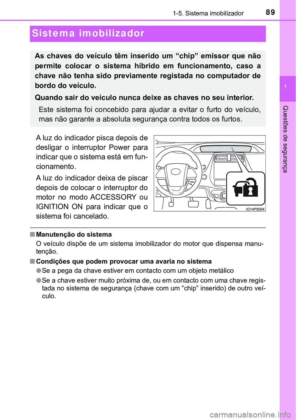 TOYOTA PRIUS 2021 Manual de utilização (in Portuguese) 89
1
1-5. Sistema imobilizador
Questões de segurança
Sistema imobilizador
A luz do indicador pisca depois de
desligar o interruptor Power para
indicar que o sistema está em fun-
cionamento.
A l TOYOTA PRIUS 2021 Manual de utilização (in Portuguese) 89
1
1-5. Sistema imobilizador
Questões de segurança
Sistema imobilizador
A luz do indicador pisca depois de
desligar o interruptor Power para
indicar que o sistema está em fun-
cionamento.
A l