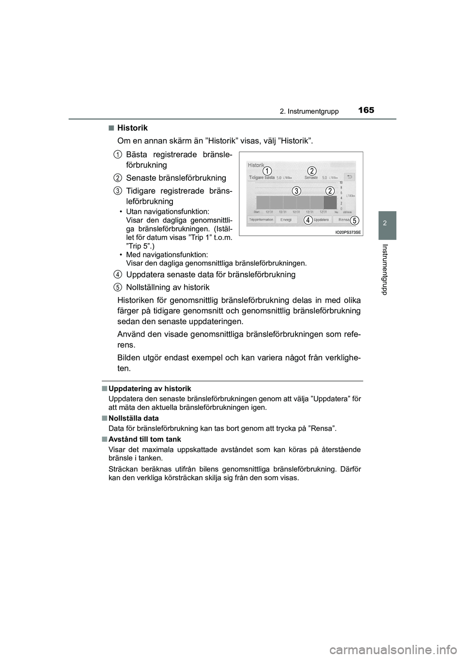 TOYOTA PRIUS 2021 Bruksanvisningar (in Swedish) 1652. Instrumentgrupp
2
Instrumentgrupp
PRIUS_OM_OM47B91E_(EE)n
Historik
Om en annan skärm än ”Historik” visas, välj ”Historik”.
Bästa registrerade bränsle-
förbrukning
Senaste bränslef TOYOTA PRIUS 2021 Bruksanvisningar (in Swedish) 1652. Instrumentgrupp
2
Instrumentgrupp
PRIUS_OM_OM47B91E_(EE)n
Historik
Om en annan skärm än ”Historik” visas, välj ”Historik”.
Bästa registrerade bränsle-
förbrukning
Senaste bränslef