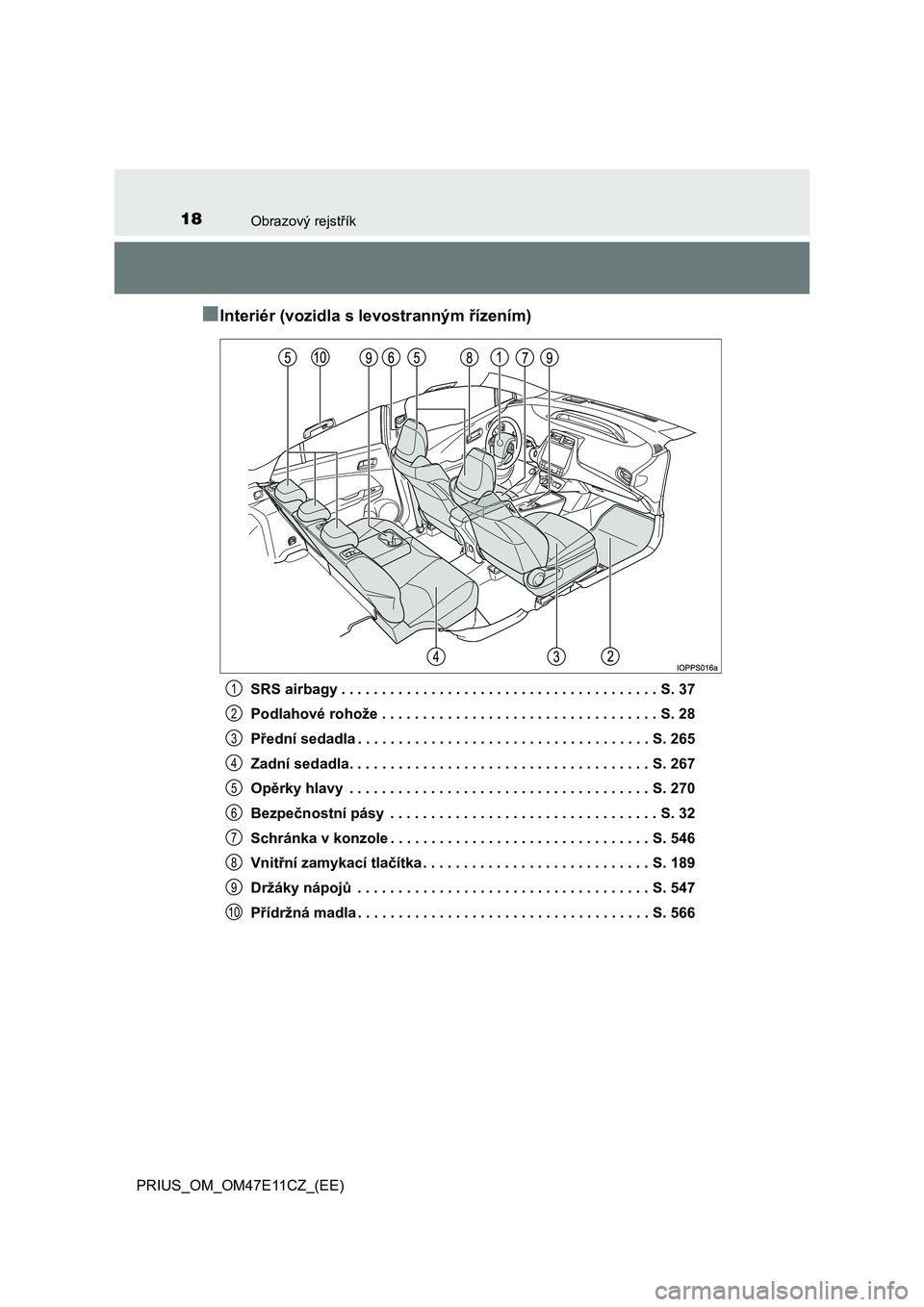 TOYOTA PRIUS 2021 Návod na použití (in Czech) 18Obrazový rejstřík
PRIUS_OM_OM47E11CZ_(EE)
■Interiér (vozidla s levostranným řízením)
SRS airbagy . . . . . . . . . . . . . . . . . . . . . . . . . . . . . . . . . . . . . . . S. 37
Podlah TOYOTA PRIUS 2021 Návod na použití (in Czech) 18Obrazový rejstřík
PRIUS_OM_OM47E11CZ_(EE)
■Interiér (vozidla s levostranným řízením)
SRS airbagy . . . . . . . . . . . . . . . . . . . . . . . . . . . . . . . . . . . . . . . S. 37
Podlah