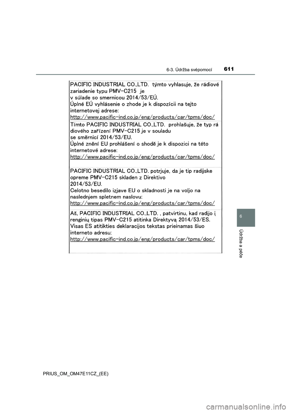 TOYOTA PRIUS 2021  Návod na použití (in Czech) 6116-3. Údržba svépomocí
PRIUS_OM_OM47E11CZ_(EE)
6
Údržba a péče 