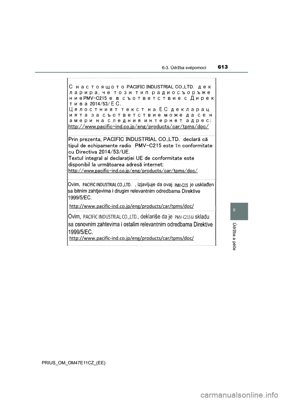 TOYOTA PRIUS 2021  Návod na použití (in Czech) 6136-3. Údržba svépomocí
PRIUS_OM_OM47E11CZ_(EE)
6
Údržba a péče 