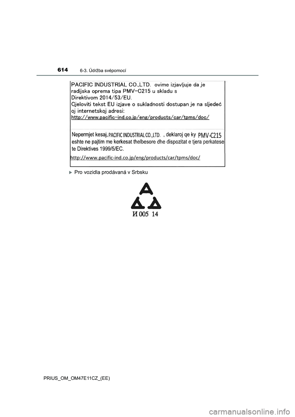 TOYOTA PRIUS 2021  Návod na použití (in Czech) 6146-3. Údržba svépomocí
PRIUS_OM_OM47E11CZ_(EE)
Pro vozidla prodávaná v Srbsku 
