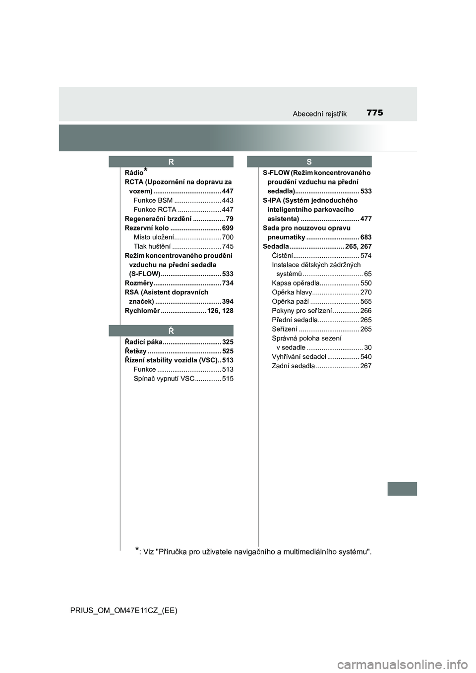 TOYOTA PRIUS 2021  Návod na použití (in Czech) 775Abecední rejstřík
PRIUS_OM_OM47E11CZ_(EE)
Rádio*
RCTA (Upozornění na dopravu za  
vozem) .................................... 447
Funkce BSM ......................... 443 
Funkce RCTA .......