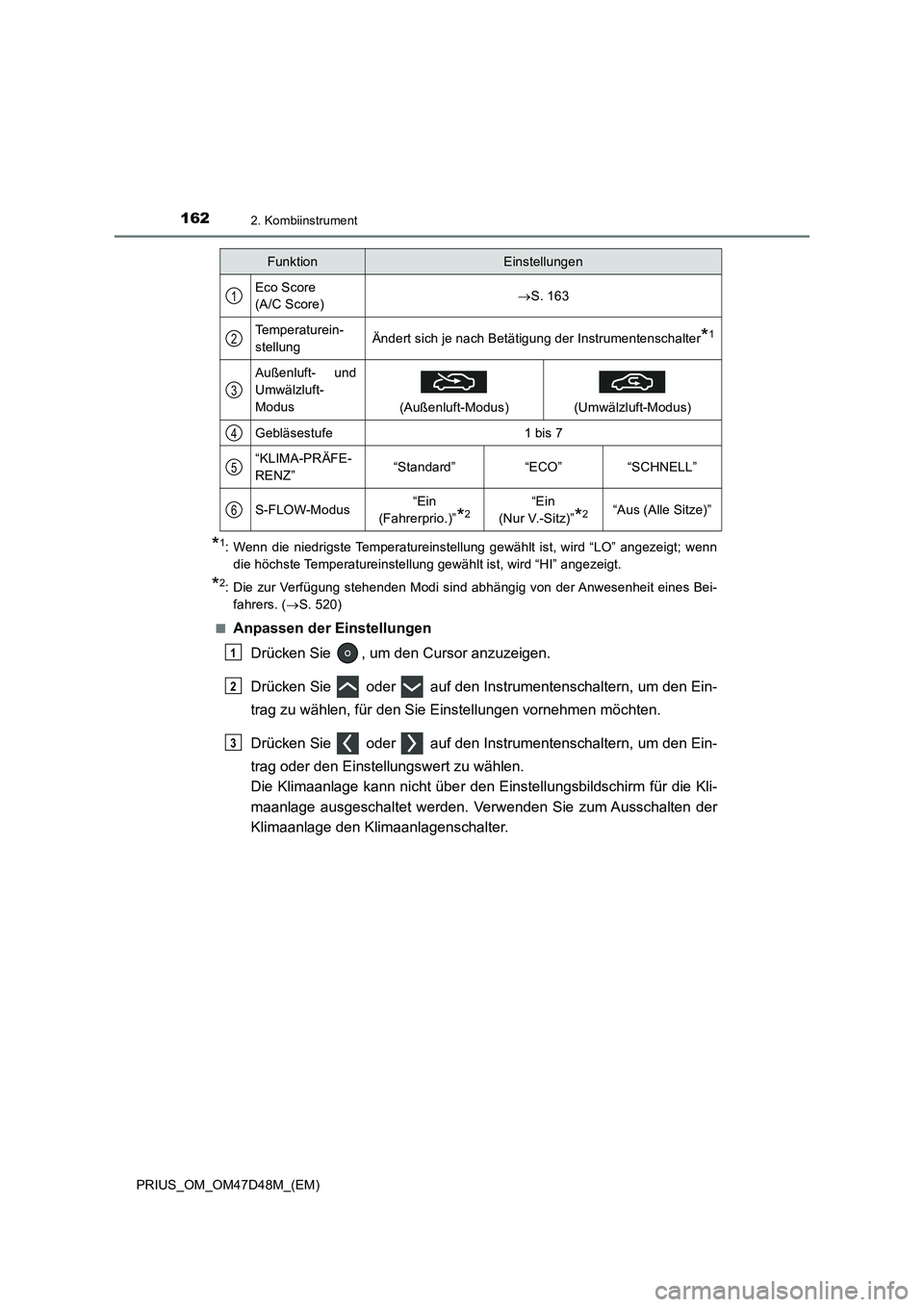 TOYOTA PRIUS 2020 Betriebsanleitungen (in German) 1622. Kombiinstrument
PRIUS_OM_OM47D48M_(EM)
*1: Wenn die niedrigste Temperatureinstellung gewählt ist, wird “LO” angezeigt; wenn
die höchste Temperatureinstellung gewählt ist, wird “HI” an TOYOTA PRIUS 2020 Betriebsanleitungen (in German) 1622. Kombiinstrument
PRIUS_OM_OM47D48M_(EM)
*1: Wenn die niedrigste Temperatureinstellung gewählt ist, wird “LO” angezeigt; wenn
die höchste Temperatureinstellung gewählt ist, wird “HI” an