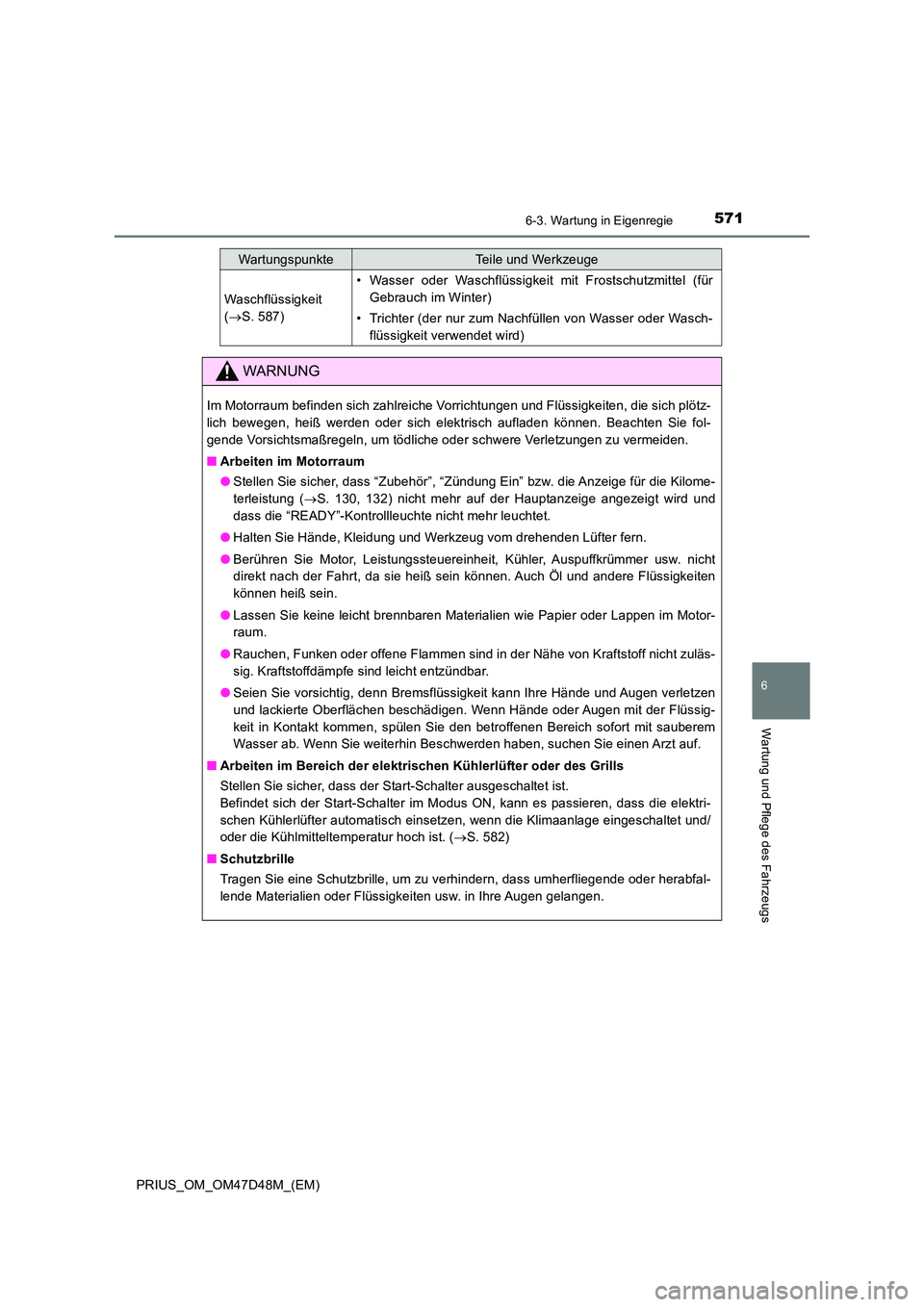 TOYOTA PRIUS 2020  Betriebsanleitungen (in German) 5716-3. Wartung in Eigenregie
PRIUS_OM_OM47D48M_(EM)
6
Wartung und Pflege des Fahrzeugs
Waschflüssigkeit  
( S. 587)
• Wasser oder Waschflüssigkeit mit Frostschutzmittel (für 
Gebrauch im Wint