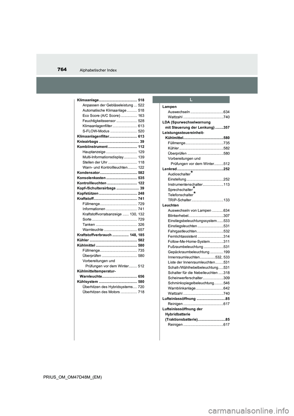 TOYOTA PRIUS 2020 Betriebsanleitungen (in German) 764Alphabetischer Index
PRIUS_OM_OM47D48M_(EM)
Klimaanlage..................................... 518
Anpassen der Gebläseleistung ... 522
Automatische Klimaanlage .......... 518
Eco Score (A/C Score) TOYOTA PRIUS 2020 Betriebsanleitungen (in German) 764Alphabetischer Index
PRIUS_OM_OM47D48M_(EM)
Klimaanlage..................................... 518
Anpassen der Gebläseleistung ... 522
Automatische Klimaanlage .......... 518
Eco Score (A/C Score)