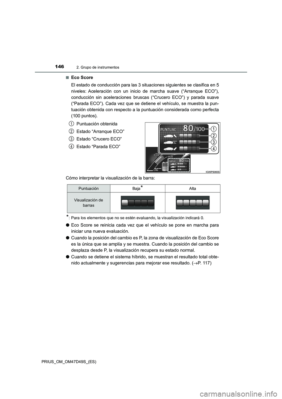 TOYOTA PRIUS 2020  Manual del propietario (in Spanish) 1462. Grupo de instrumentos
PRIUS_OM_OM47D49S_(ES)■
Eco Score
El estado de conducción para las 3 situaciones siguientes se clasifica en 5
niveles: Aceleración con un inicio de marcha suave (“Arr