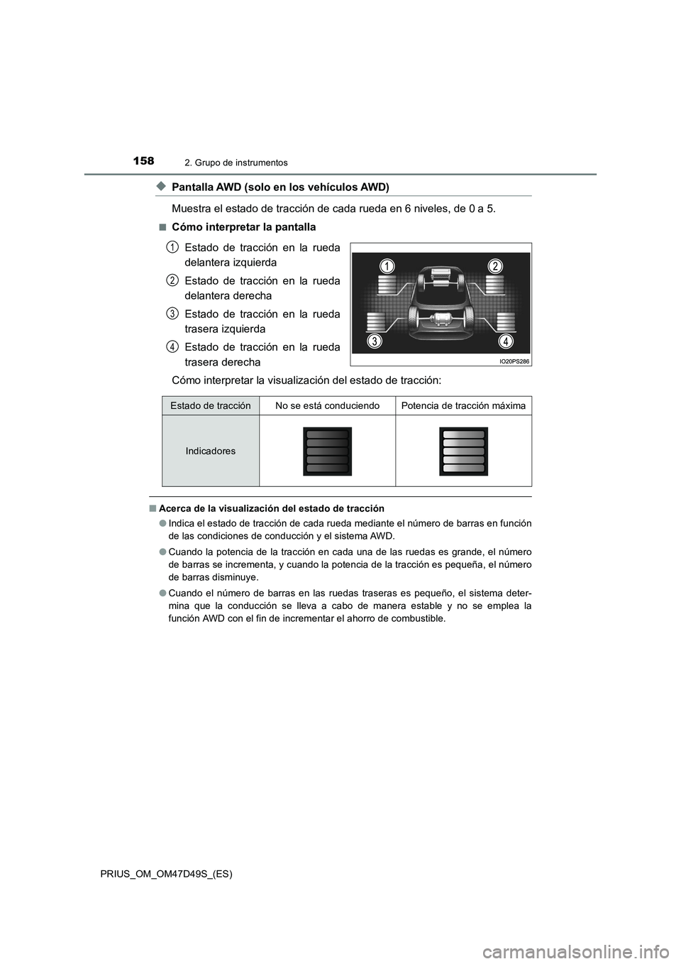 TOYOTA PRIUS 2020  Manual del propietario (in Spanish) 1582. Grupo de instrumentos
PRIUS_OM_OM47D49S_(ES)
◆Pantalla AWD (solo en los vehículos AWD)
Muestra el estado de tracción de cada rueda en 6 niveles, de 0 a 5.
■Cómo interpretar la pantalla
Es