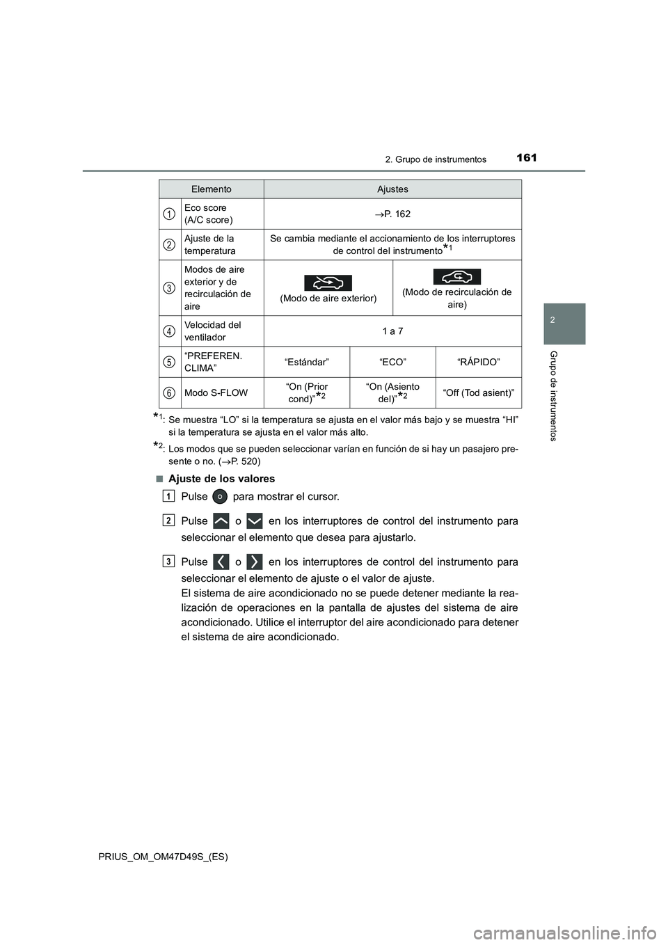 TOYOTA PRIUS 2020  Manual del propietario (in Spanish) 1612. Grupo de instrumentos
2
Grupo de instrumentos
PRIUS_OM_OM47D49S_(ES)
*1: Se muestra “LO” si la temperatura se ajusta en el valor más bajo y se muestra “HI”
si la temperatura se ajusta e