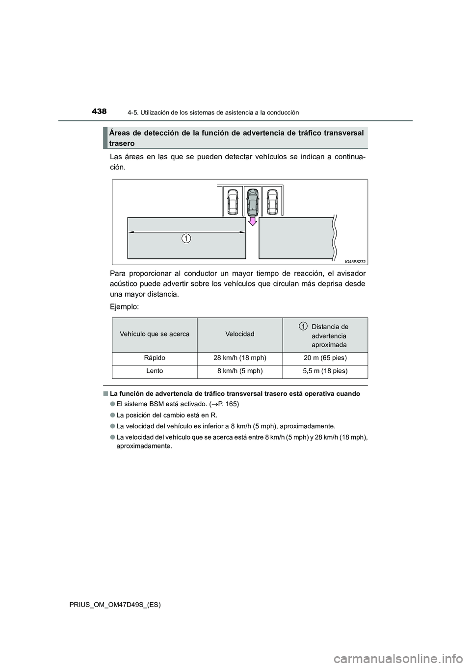 TOYOTA PRIUS 2020 Manual del propietario (in Spanish) 4384-5. Utilización de los sistemas de asistencia a la conducción
PRIUS_OM_OM47D49S_(ES)
Las áreas en las que se pueden detectar vehículos se indican a continua-
ción.
Para proporcionar al cond TOYOTA PRIUS 2020 Manual del propietario (in Spanish) 4384-5. Utilización de los sistemas de asistencia a la conducción
PRIUS_OM_OM47D49S_(ES)
Las áreas en las que se pueden detectar vehículos se indican a continua-
ción.
Para proporcionar al cond