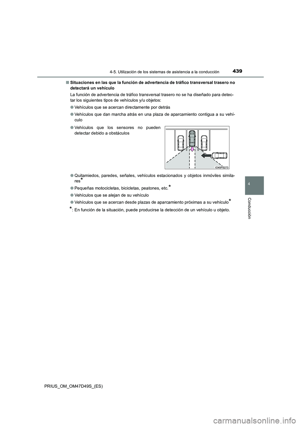 TOYOTA PRIUS 2020 Manual del propietario (in Spanish) 4394-5. Utilización de los sistemas de asistencia a la conducción
4
Conducción
PRIUS_OM_OM47D49S_(ES)
■ Situaciones en las que la función de advertencia de tráfico transversal trasero no
dete TOYOTA PRIUS 2020 Manual del propietario (in Spanish) 4394-5. Utilización de los sistemas de asistencia a la conducción
4
Conducción
PRIUS_OM_OM47D49S_(ES)
■ Situaciones en las que la función de advertencia de tráfico transversal trasero no
dete