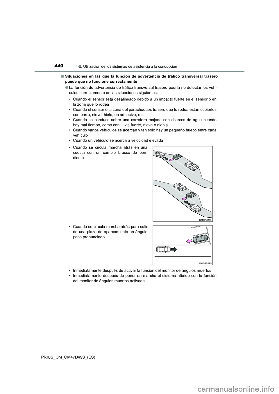 TOYOTA PRIUS 2020 Manual del propietario (in Spanish) 4404-5. Utilización de los sistemas de asistencia a la conducción
PRIUS_OM_OM47D49S_(ES)
■ Situaciones en las que la función de advertencia de tráfico transversal trasero
puede que no funcione TOYOTA PRIUS 2020 Manual del propietario (in Spanish) 4404-5. Utilización de los sistemas de asistencia a la conducción
PRIUS_OM_OM47D49S_(ES)
■ Situaciones en las que la función de advertencia de tráfico transversal trasero
puede que no funcione