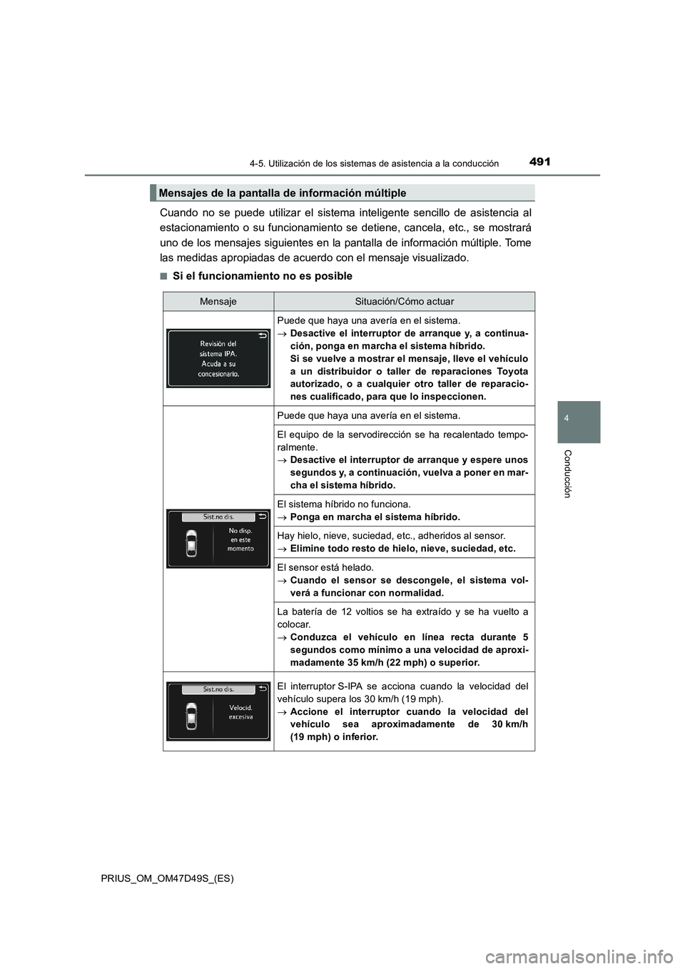 TOYOTA PRIUS 2020 Manual del propietario (in Spanish) 4914-5. Utilización de los sistemas de asistencia a la conducción
4
Conducción
PRIUS_OM_OM47D49S_(ES)
Cuando no se puede utilizar el sistema inteligente sencillo de asistencia al
estacionamiento o TOYOTA PRIUS 2020 Manual del propietario (in Spanish) 4914-5. Utilización de los sistemas de asistencia a la conducción
4
Conducción
PRIUS_OM_OM47D49S_(ES)
Cuando no se puede utilizar el sistema inteligente sencillo de asistencia al
estacionamiento o