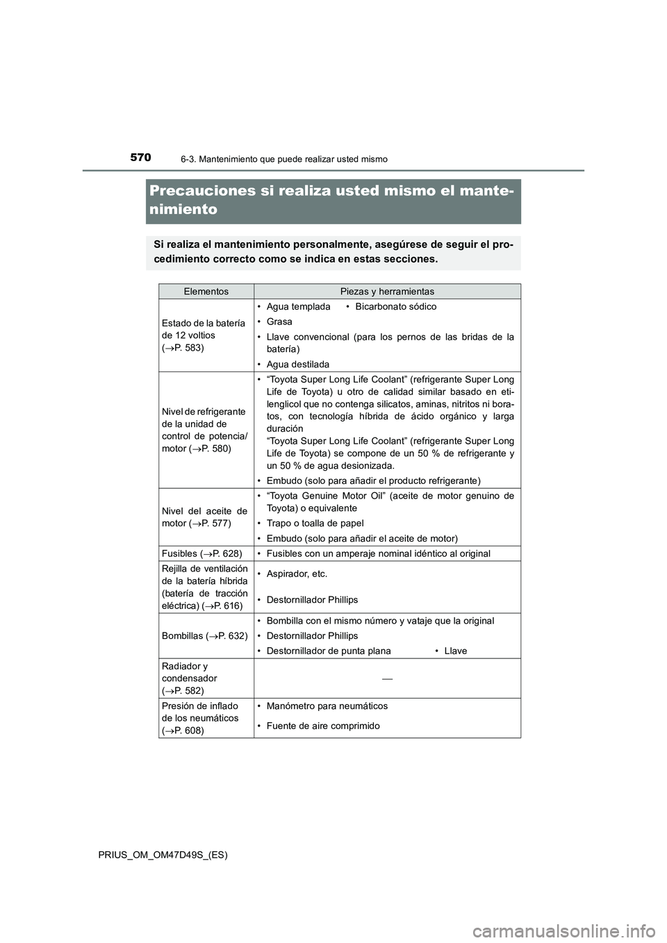 TOYOTA PRIUS 2020  Manual del propietario (in Spanish) 5706-3. Mantenimiento que puede realizar usted mismo
PRIUS_OM_OM47D49S_(ES)
Precauciones si realiza usted mismo el mante-
nimiento
Si realiza el mantenimiento personalmente, asegúrese de seguir el pr