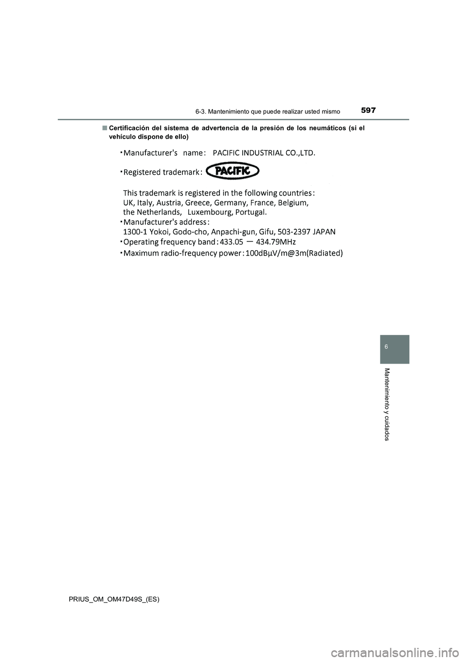 TOYOTA PRIUS 2020 Manual del propietario (in Spanish) 5976-3. Mantenimiento que puede realizar usted mismo
PRIUS_OM_OM47D49S_(ES)
6
Mantenimiento y cuidados
■Certificación del sistema de advertencia de la presión de los neumáticos (si el
vehículo d TOYOTA PRIUS 2020 Manual del propietario (in Spanish) 5976-3. Mantenimiento que puede realizar usted mismo
PRIUS_OM_OM47D49S_(ES)
6
Mantenimiento y cuidados
■Certificación del sistema de advertencia de la presión de los neumáticos (si el
vehículo d