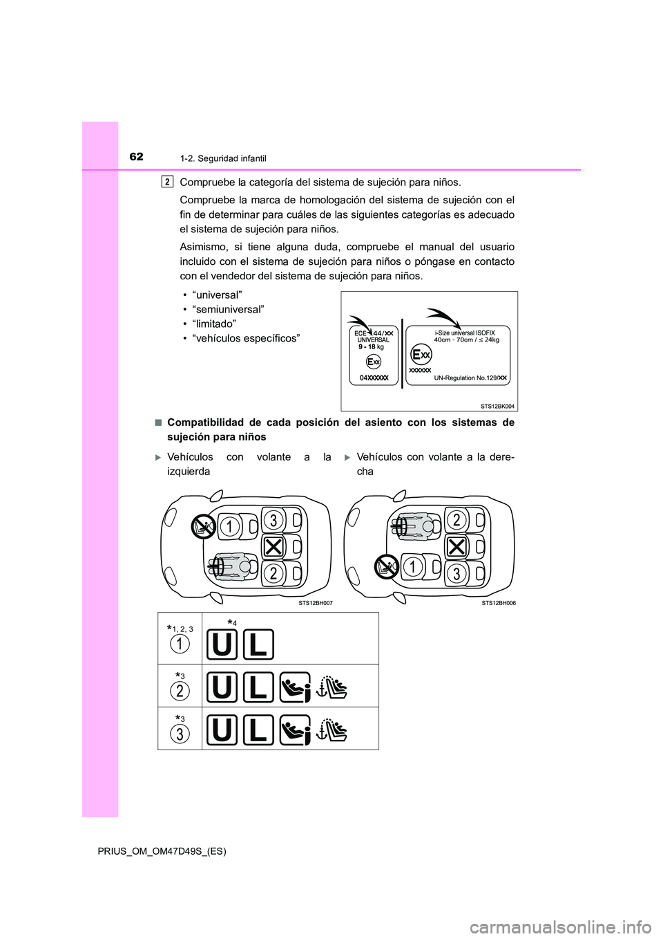 TOYOTA PRIUS 2020  Manual del propietario (in Spanish) 621-2. Seguridad infantil
PRIUS_OM_OM47D49S_(ES)
Compruebe la categoría del sistema de sujeción para niños. 
Compruebe la marca de homologación del sistema de sujeción con el 
fin de determinar p