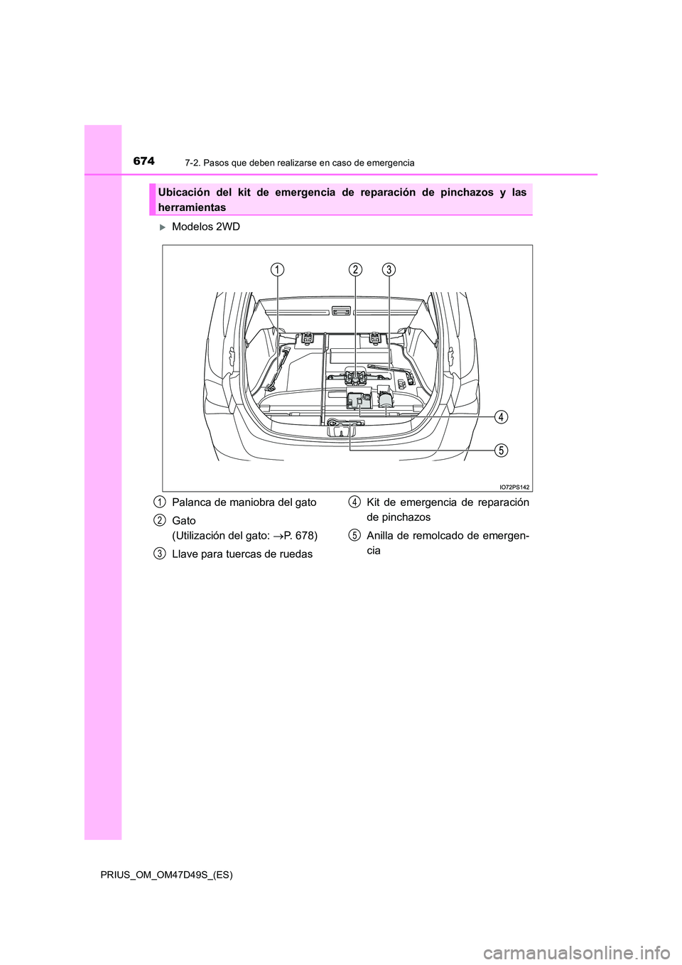 TOYOTA PRIUS 2020  Manual del propietario (in Spanish) 6747-2. Pasos que deben realizarse en caso de emergencia
PRIUS_OM_OM47D49S_(ES)
Modelos 2WD
Ubicación del kit de emergencia de reparación de pinchazos y las 
herramientas
Palanca de maniobra del 
