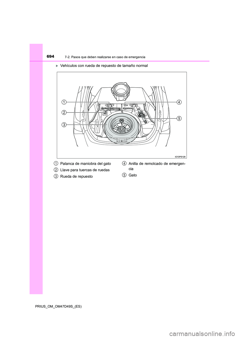 TOYOTA PRIUS 2020  Manual del propietario (in Spanish) 6947-2. Pasos que deben realizarse en caso de emergencia
PRIUS_OM_OM47D49S_(ES)
Vehículos con rueda de repuesto de tamaño normal
Palanca de maniobra del gato 
Llave para tuercas de ruedas
Rueda d