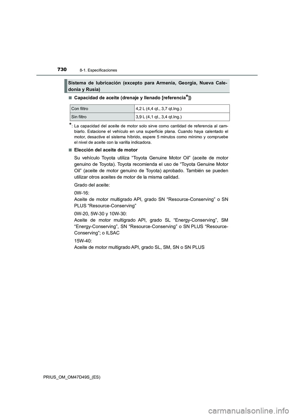 TOYOTA PRIUS 2020  Manual del propietario (in Spanish) 7308-1. Especificaciones
PRIUS_OM_OM47D49S_(ES)■
Capacidad de aceite (drenaje y llenado [referencia*])
*: La capacidad del aceite de motor solo sirve como cantidad de referencia al cam-
biarlo. Esta