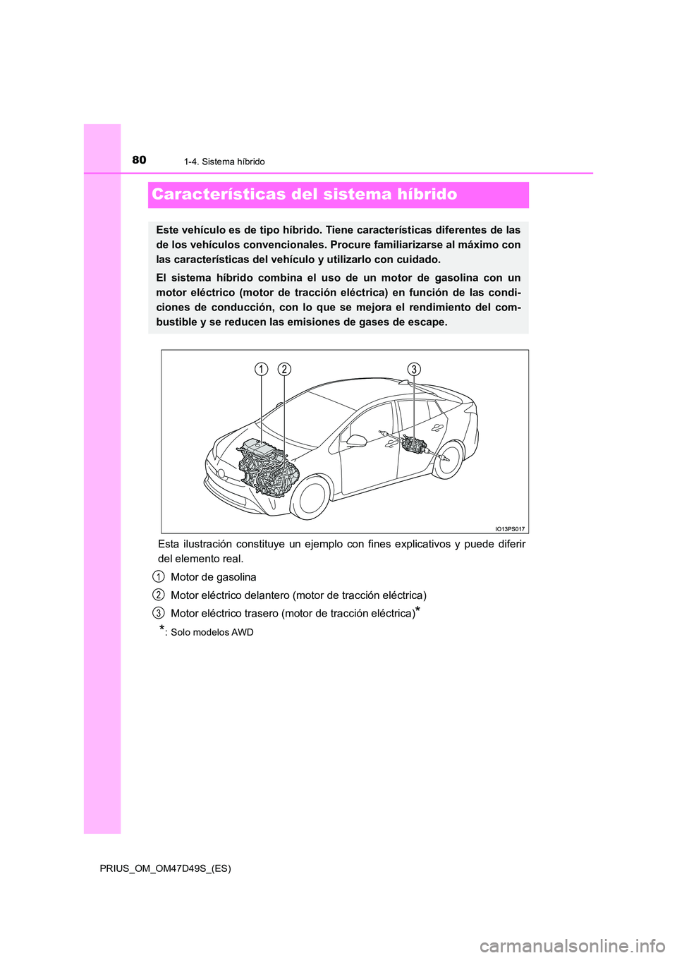 TOYOTA PRIUS 2020 Manual del propietario (in Spanish) 801-4. Sistema híbrido
PRIUS_OM_OM47D49S_(ES)
Características del sistema híbrido
Esta ilustración constituye un ejemplo con fines explicativos y puede diferir
del elemento real.
Motor de gasoli TOYOTA PRIUS 2020 Manual del propietario (in Spanish) 801-4. Sistema híbrido
PRIUS_OM_OM47D49S_(ES)
Características del sistema híbrido
Esta ilustración constituye un ejemplo con fines explicativos y puede diferir
del elemento real.
Motor de gasoli