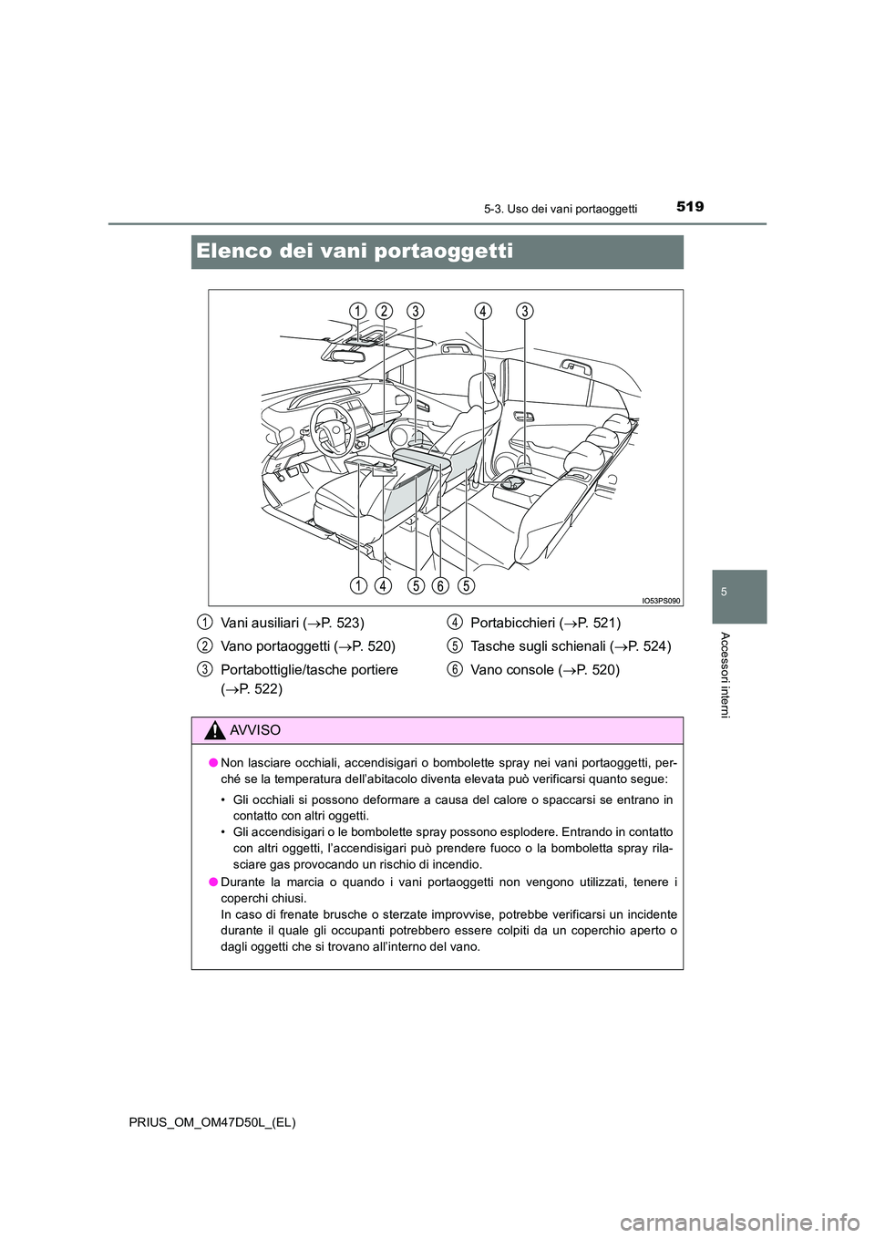 TOYOTA PRIUS 2020 Manuale duso (in Italian) 5195-3. Uso dei vani portaoggetti
PRIUS_OM_OM47D50L_(EL)
5
Accessori interni
Elenco dei vani portaoggetti
Vani ausiliari (P. 523)
Vano portaoggetti ( P. 520)
Portabottiglie/tasche portiere
( TOYOTA PRIUS 2020 Manuale duso (in Italian) 5195-3. Uso dei vani portaoggetti
PRIUS_OM_OM47D50L_(EL)
5
Accessori interni
Elenco dei vani portaoggetti
Vani ausiliari (P. 523)
Vano portaoggetti ( P. 520)
Portabottiglie/tasche portiere
(