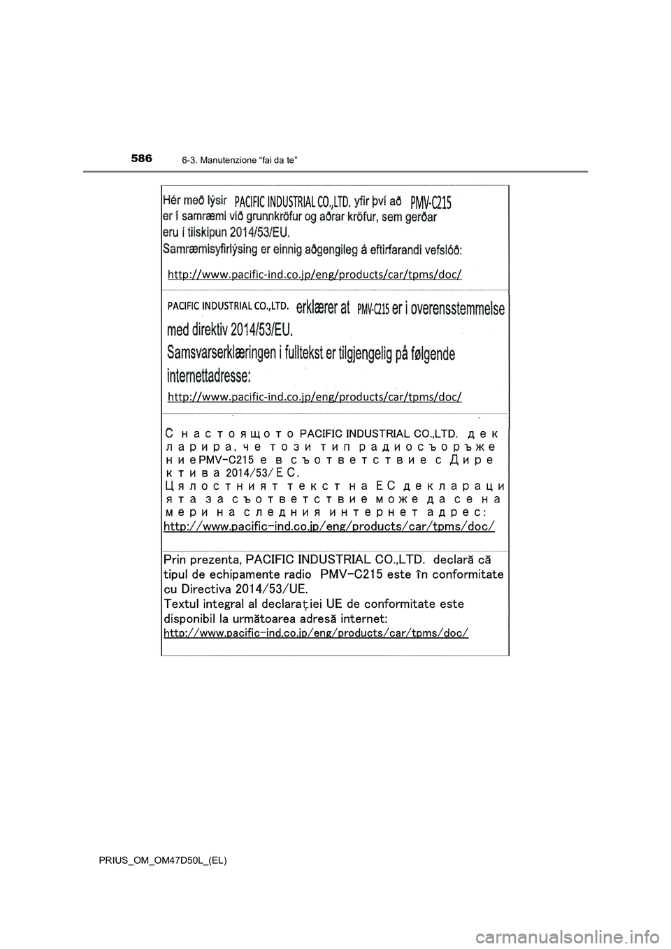 TOYOTA PRIUS 2020  Manuale duso (in Italian) 5866-3. Manutenzione “fai da te”
PRIUS_OM_OM47D50L_(EL) 