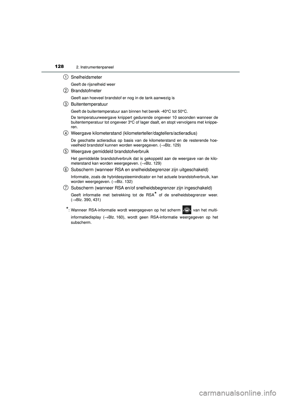 TOYOTA PRIUS 2020  Instructieboekje (in Dutch) 1282. Instrumentenpaneel
PRIUS_OM_OM47D94E_(EE)
Snelheidsmeter
Geeft de rijsnelheid weer
Brandstofmeter
Geeft aan hoeveel brandstof er nog in de tank aanwezig is
Buitentemperatuur
Geeft de buitentempe