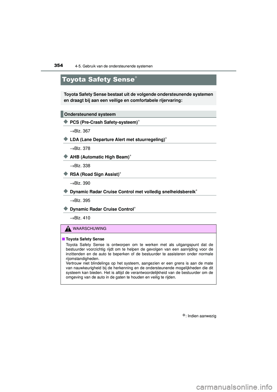 TOYOTA PRIUS 2020  Instructieboekje (in Dutch) 3544-5. Gebruik van de ondersteunende systemen
PRIUS_OM_OM47D94E_(EE)
Toyota Safety Sense∗
◆PCS (Pre-Crash Safety-systeem)∗
→Blz. 367
◆LDA (Lane Departure Alert met stuurregeling)∗
→Blz.