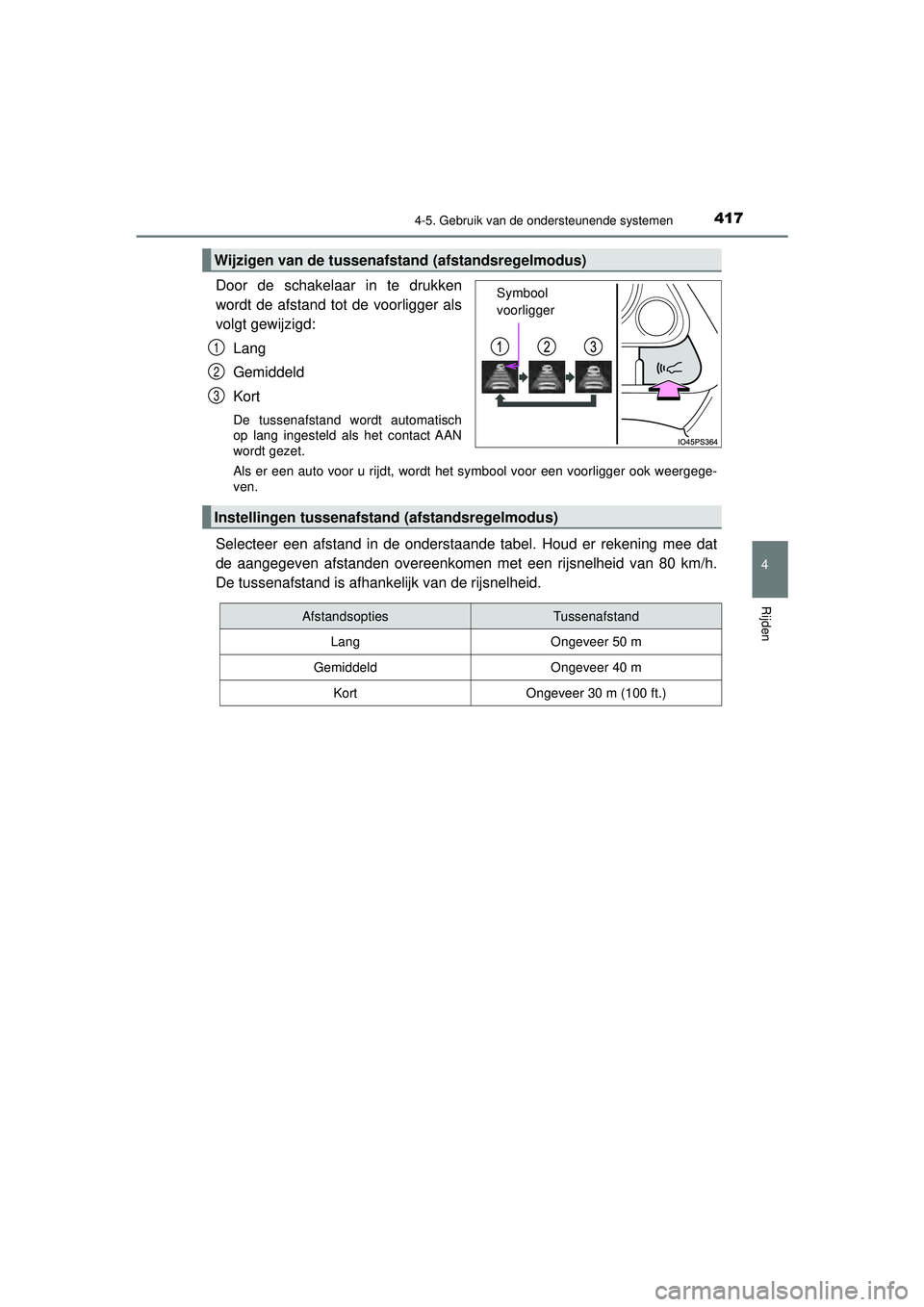 TOYOTA PRIUS 2020 Instructieboekje (in Dutch) 4174-5. Gebruik van de ondersteunende systemen
4
Rijden
PRIUS_OM_OM47D94E_(EE)
Door de schakelaar in te drukken
wordt de afstand tot de voorligger als
volgt gewijzigd:Lang
Gemiddeld
Kort
De tussenafst TOYOTA PRIUS 2020 Instructieboekje (in Dutch) 4174-5. Gebruik van de ondersteunende systemen
4
Rijden
PRIUS_OM_OM47D94E_(EE)
Door de schakelaar in te drukken
wordt de afstand tot de voorligger als
volgt gewijzigd:Lang
Gemiddeld
Kort
De tussenafst