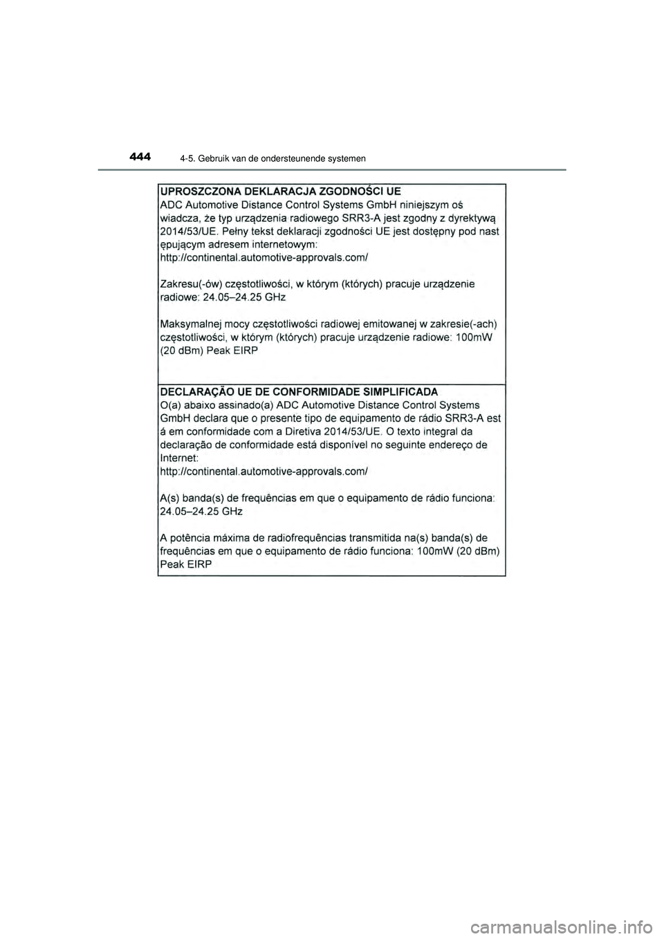 TOYOTA PRIUS 2020  Instructieboekje (in Dutch) 4444-5. Gebruik van de ondersteunende systemen
PRIUS_OM_OM47D94E_(EE)
PRIUS_OM_OM47D94E_(EE).book  Page 444  Monday, February 3, 2020  9:55 AM 