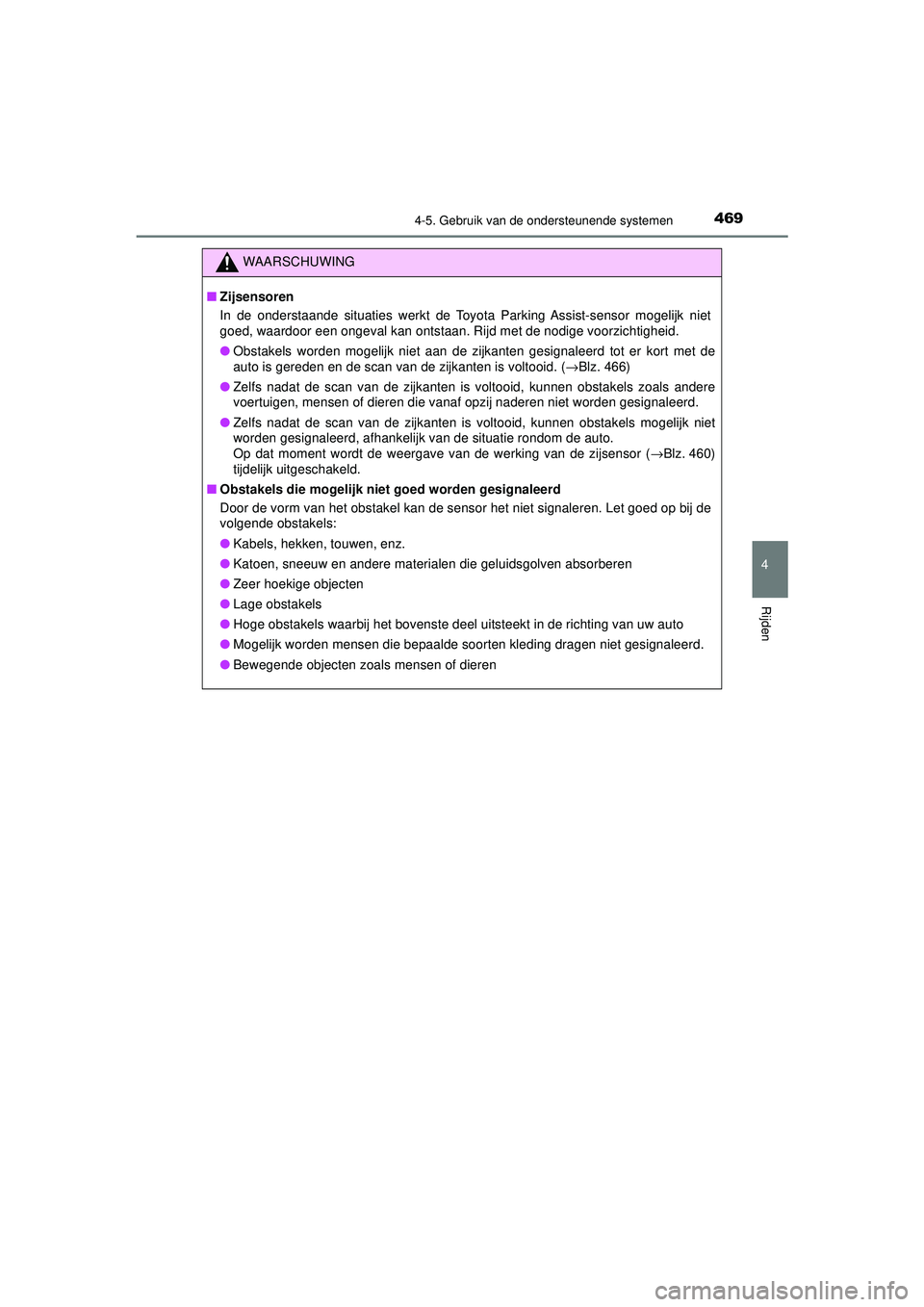 TOYOTA PRIUS 2020  Instructieboekje (in Dutch) 4694-5. Gebruik van de ondersteunende systemen
4
Rijden
PRIUS_OM_OM47D94E_(EE)
WAARSCHUWING
■Zijsensoren
In de onderstaande situaties werkt de Toyota Parking Assist-sensor mogelijk niet
goed, waardo