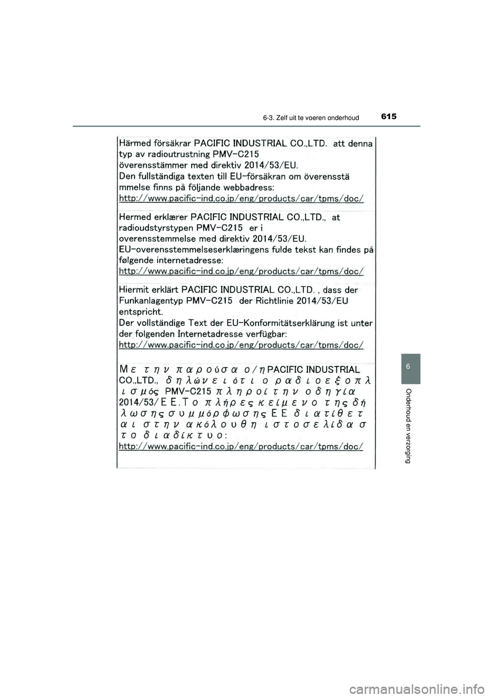 TOYOTA PRIUS 2020  Instructieboekje (in Dutch) 6156-3. Zelf uit te voeren onderhoud
PRIUS_OM_OM47D94E_(EE)
6
Onderhoud en verzorging
PRIUS_OM_OM47D94E_(EE).book  Page 615  Monday, February 3, 2020  9:55 AM 