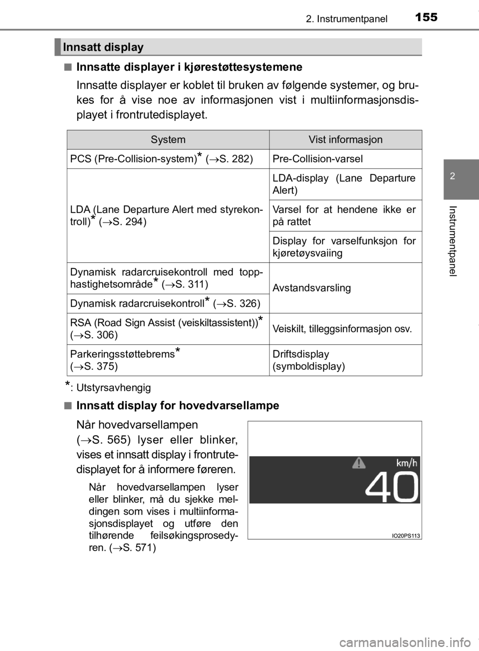 TOYOTA PRIUS 2020  Instruksjoner for bruk (in Norwegian) 1552. Instrumentpanel
2
Instrumentpanel
OM47D46NOn
Innsatte displayer i kjørestøttesystemene
Innsatte displayer er koblet til br
uken av følgende systemer, og bru-
kes for å vise noe av informasjo