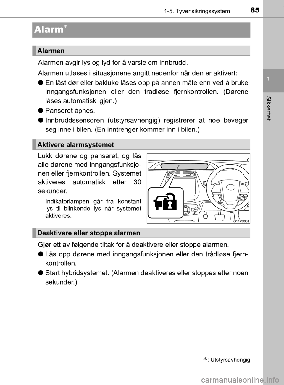 TOYOTA PRIUS 2020  Instruksjoner for bruk (in Norwegian) 85
1
1-5. Tyverisikringssystem
Sikkerhet
OM47D46NO
Alarm
Alarmen avgir lys og lyd for å varsle om innbrudd.
Alarmen utløses i situasjonene angitt nedenfor når den er aktivert:
lEn låst dør ell