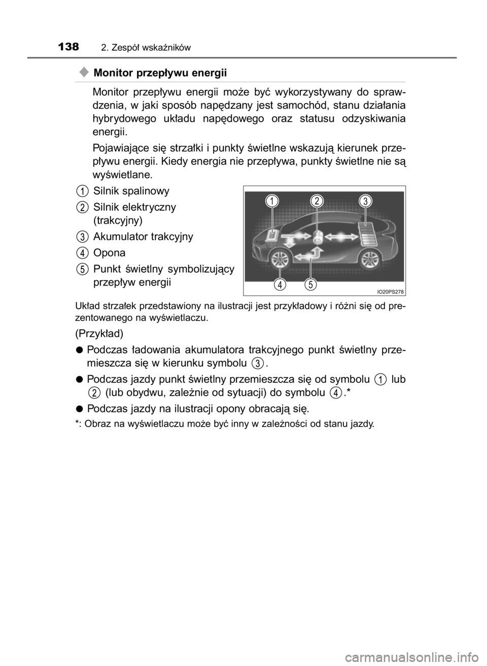 TOYOTA PRIUS 2020  Instrukcja obsługi (in Polish) Monitor przep∏ywu energii
Monitor  przep∏ywu  energii  mo˝e  byç  wykorzystywany  do  spraw-
dzenia,  w jaki  sposób  nap´dzany  jest  samochód,  stanu  dzia∏ania
hybrydowego  uk∏adu  na