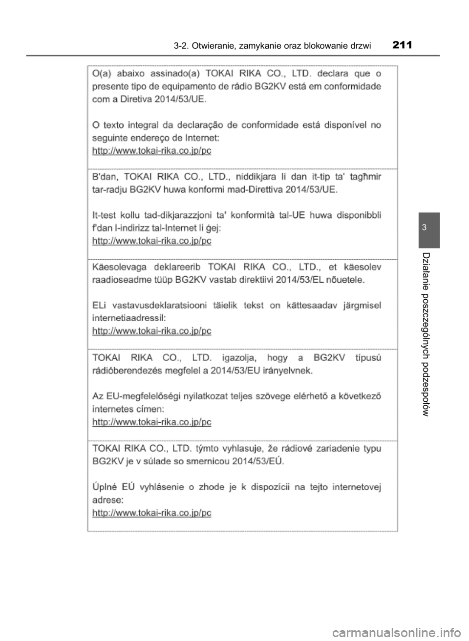 TOYOTA PRIUS 2020  Instrukcja obsługi (in Polish) 3-2. Otwieranie, zamykanie oraz blokowanie drzwi211
3
Dzia∏anie poszczególnych podzespo∏ów
30 PRIUS OM47D46E  7/8/19  10:34  Page 211    (Black plate) 
