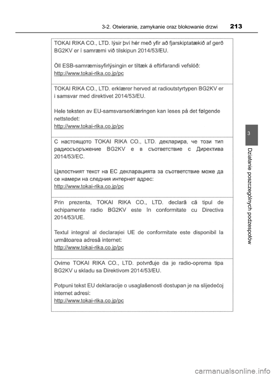 TOYOTA PRIUS 2020  Instrukcja obsługi (in Polish) 3-2. Otwieranie, zamykanie oraz blokowanie drzwi213
3
Dzia∏anie poszczególnych podzespo∏ów
30 PRIUS OM47D46E  7/8/19  10:34  Page 213    (Black plate) 