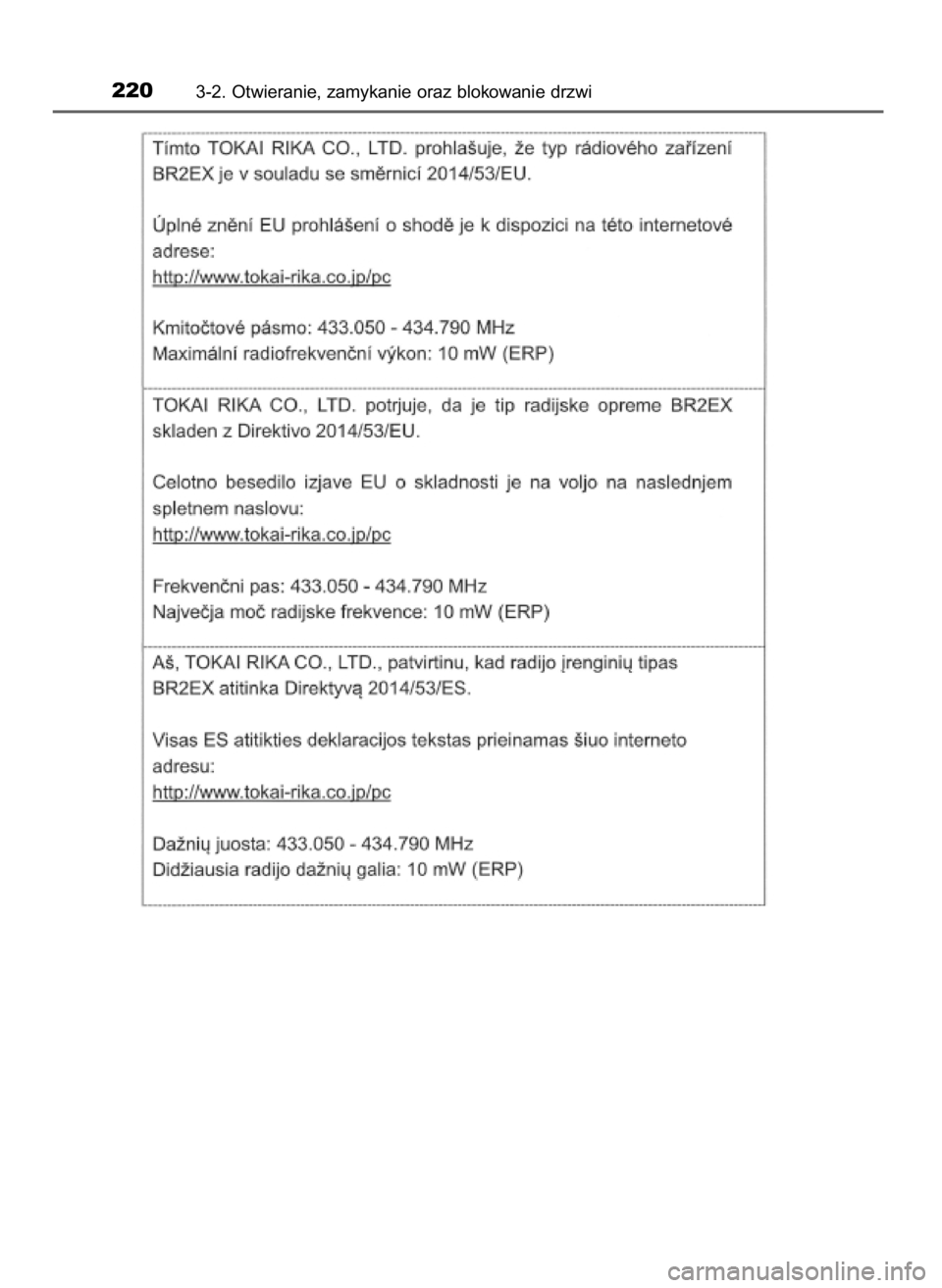 TOYOTA PRIUS 2020  Instrukcja obsługi (in Polish) 2203-2. Otwieranie, zamykanie oraz blokowanie drzwi
30 PRIUS OM47D46E  7/8/19  10:34  Page 220    (Black plate) 