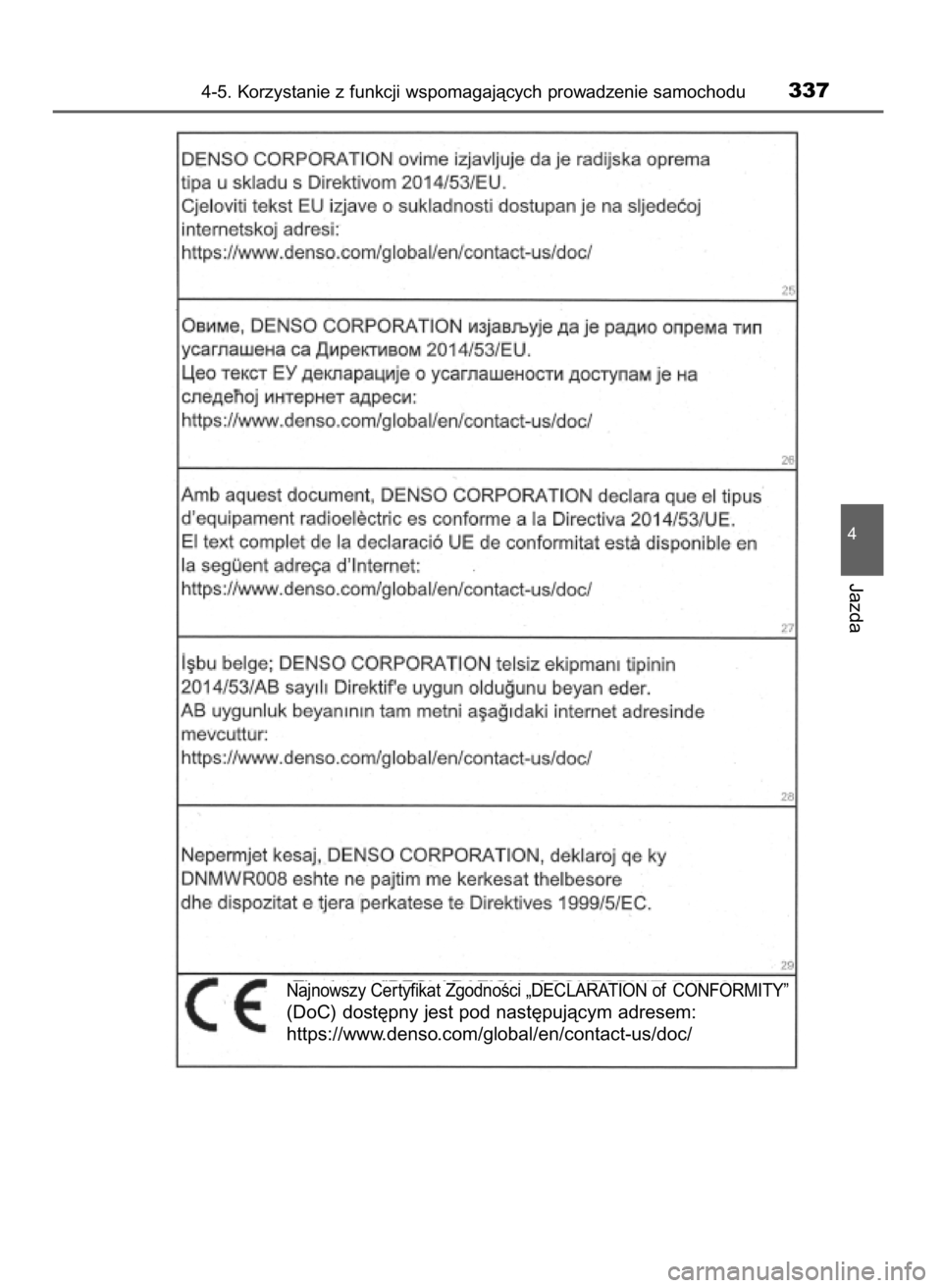 TOYOTA PRIUS 2020  Instrukcja obsługi (in Polish) 4-5. Korzystanie z funkcji wspomagajàcych prowadzenie samochodu337
4
Jazda
Najnowszy Cer tyfikat ZgodnoÊci „DECLARATION of CONFORMITY”
(DoC) dost´pny jest pod nast´pujàcym adresem:
https://ww