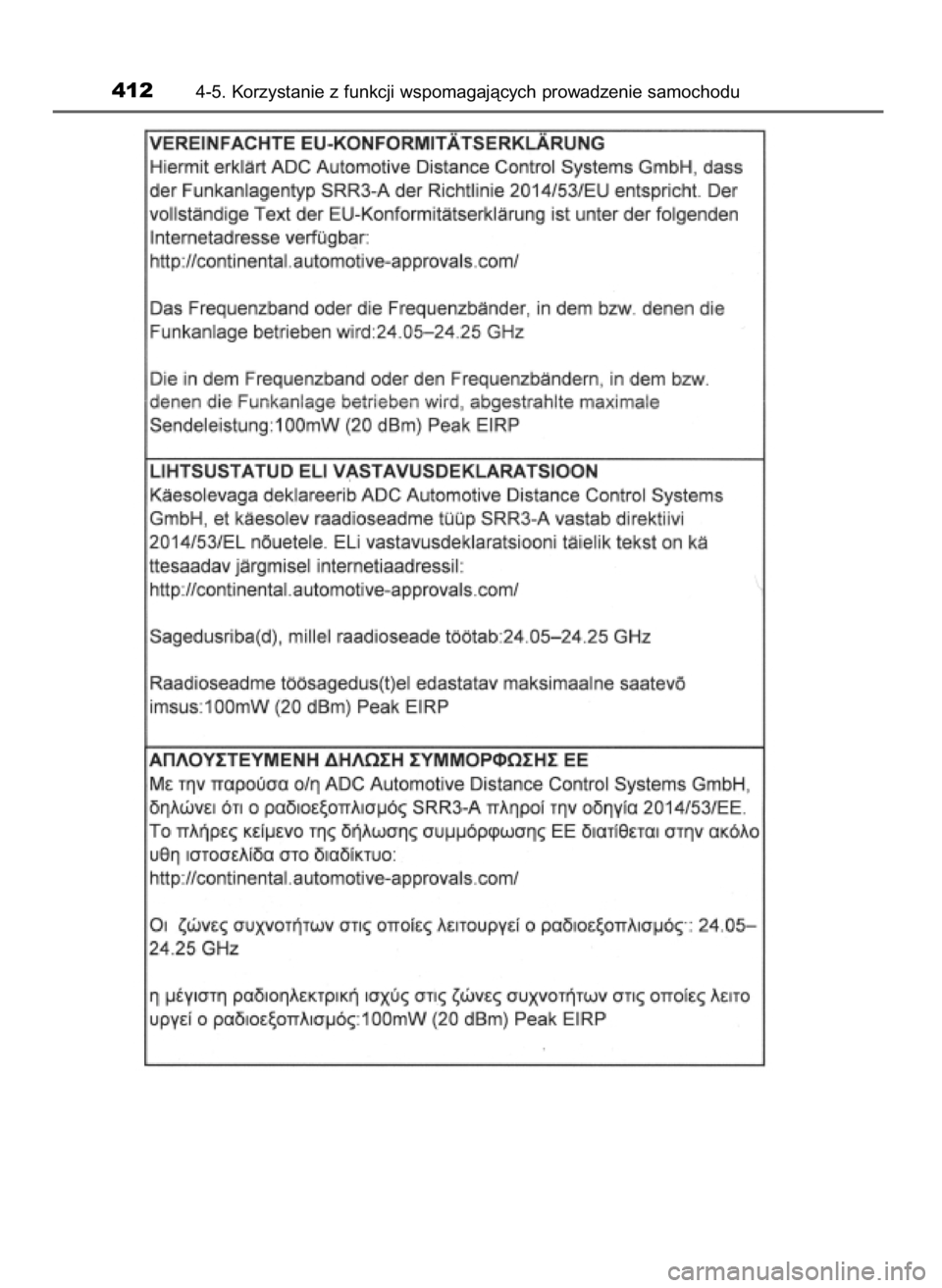 TOYOTA PRIUS 2020 Instrukcja obsługi (in Polish) 4124-5. Korzystanie z funkcji wspomagajàcych prowadzenie samochodu
30 PRIUS OM47D46E 7/8/19 10:34 Page 412 (Black plate) TOYOTA PRIUS 2020 Instrukcja obsługi (in Polish) 4124-5. Korzystanie z funkcji wspomagajàcych prowadzenie samochodu
30 PRIUS OM47D46E 7/8/19 10:34 Page 412 (Black plate)