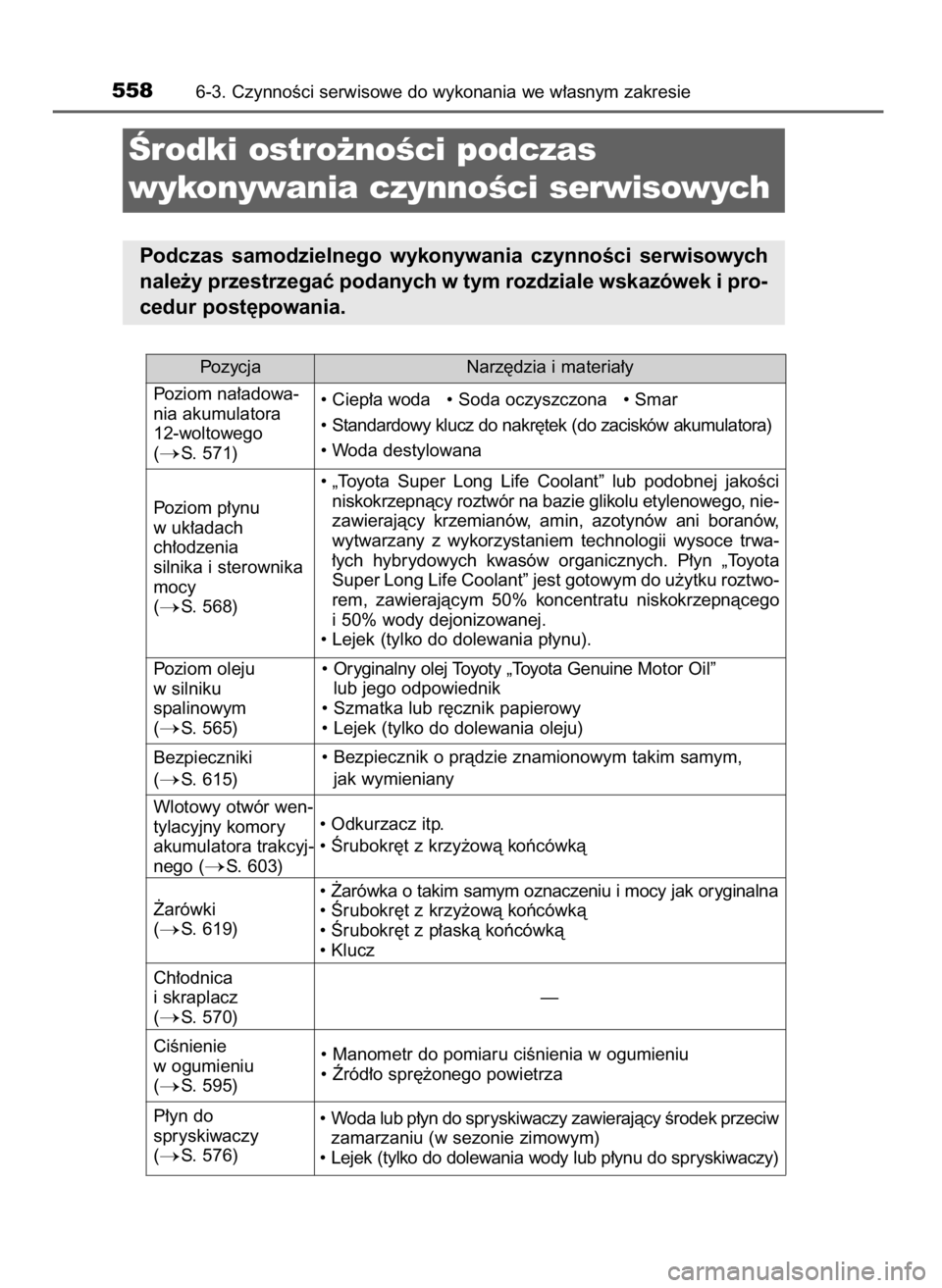 TOYOTA PRIUS 2020  Instrukcja obsługi (in Polish) 5586-3. CzynnoÊci serwisowe do wykonania we w∏asnym zakresie
Ârodki ostro˝noÊci podczas
wykonywania czynnoÊci serwisowych
Podczas  samodzielnego  wykonywania  czynnoÊci  serwisowych
nale˝y pr
